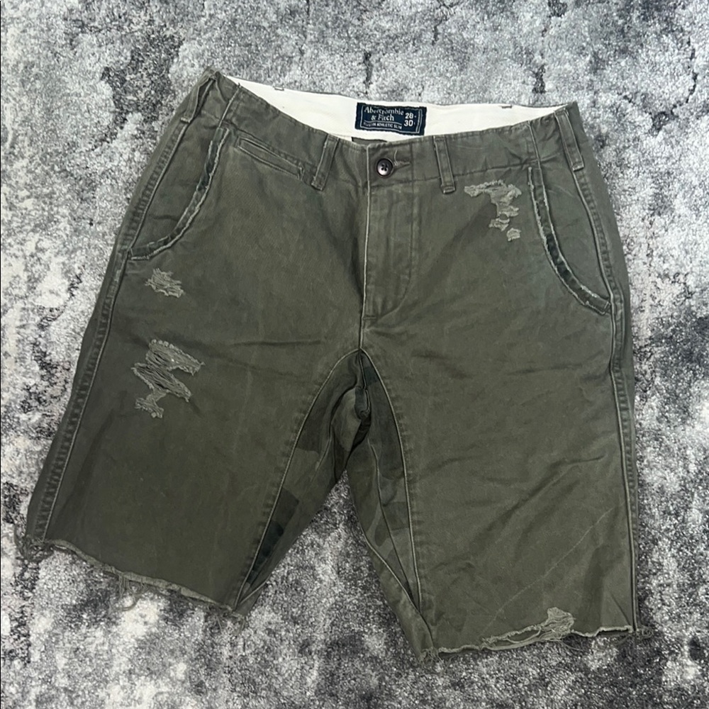 Abercrombie & Fitch Men's Olive Green Distressed Shorts